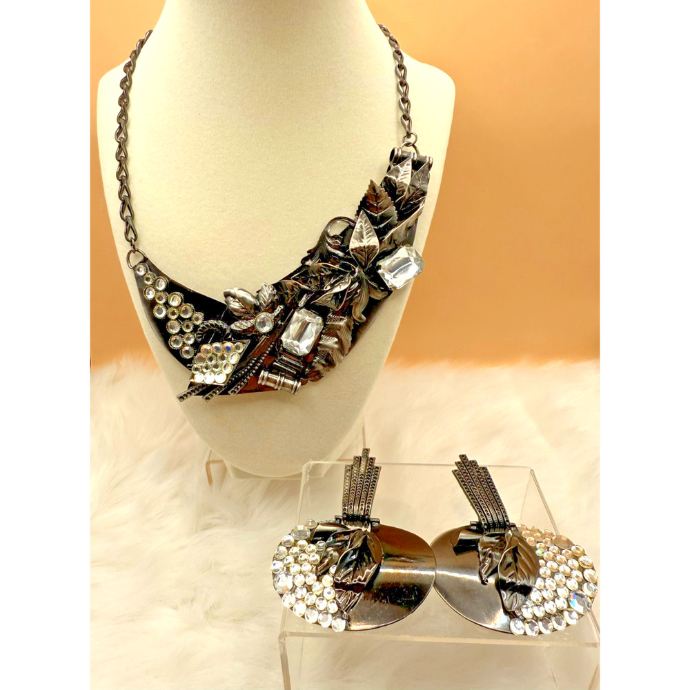 Vintage Alana from Italy Handcrafted Black & Rhinestone Necklace & Earring Set